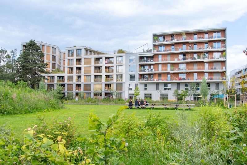 Étape 1 de l'écoquartier des Plaines-du-Loup – Vue sur les façades sud des lots "Jaguar" et "La Meute" depuis le Parc du Loup – Ville de Lausanne